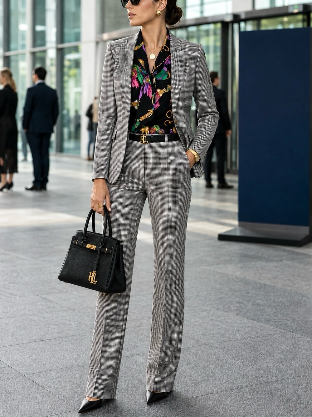 Excellent Condition!! Ralph Lauren Black and Ivory Dogtooth Pantsuit with Pink 8